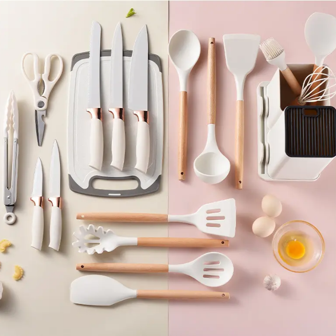 Juego De Utensilios De Cocina Silicona Mango Madera 19 Piezas