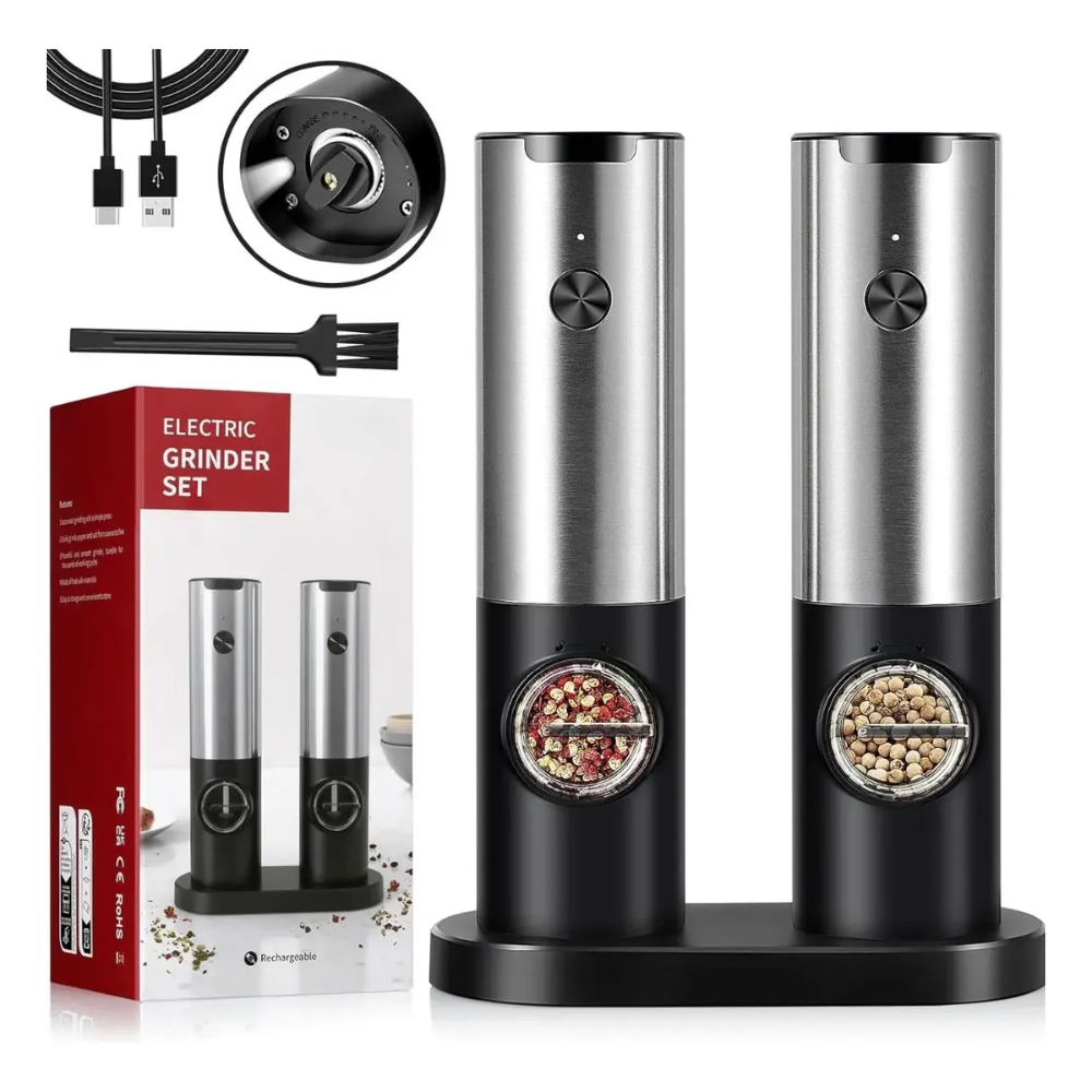 Set Molinillo Sal y Pimienta Eléctrico Con Base USB-C Negro