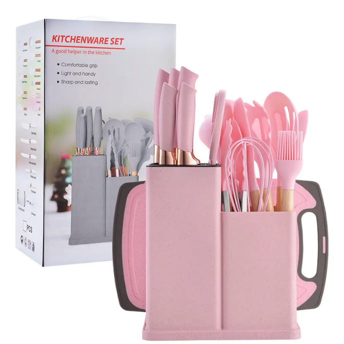 Juego De Utensilios De Cocina Silicona Mango Madera 19 Piezas