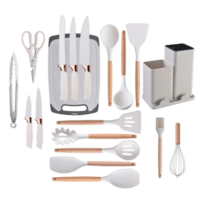 Juego De Utensilios De Cocina Silicona Mango Madera 19 Piezas