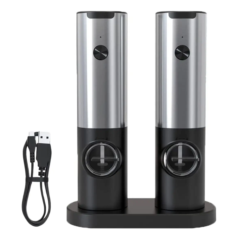 Set Molinillo Sal y Pimienta Eléctrico Con Base USB-C Negro