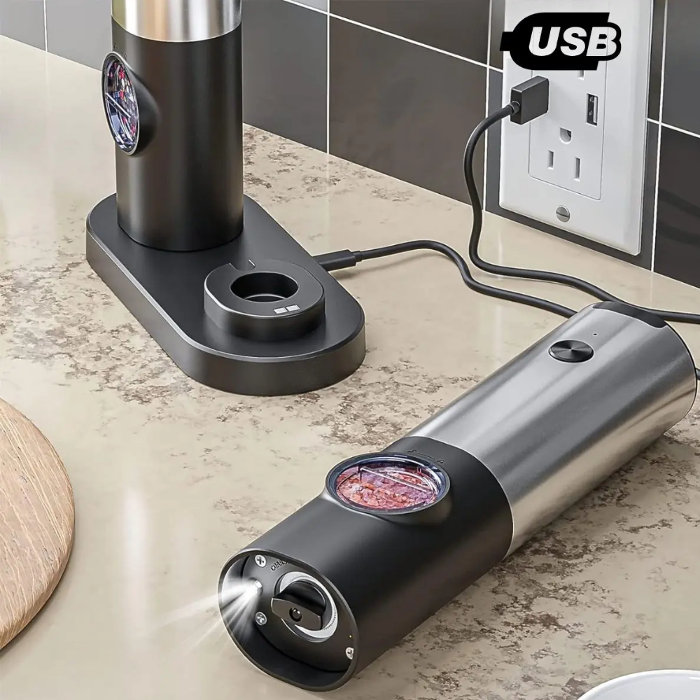 Set Molinillo Sal y Pimienta Eléctrico Con Base USB-C Negro