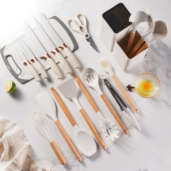 Juego De Utensilios De Cocina Silicona Mango Madera 19 Piezas