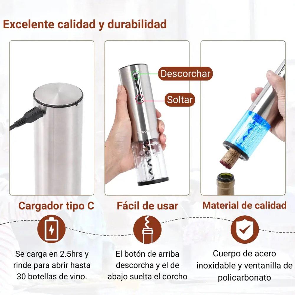 Destapador De Vino Sacacorchos USB-C Acero Inoxidable